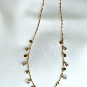 COLAR DE ELOS PEDRAS COLORS ROSE E AZUL | BANHO OURO 18K