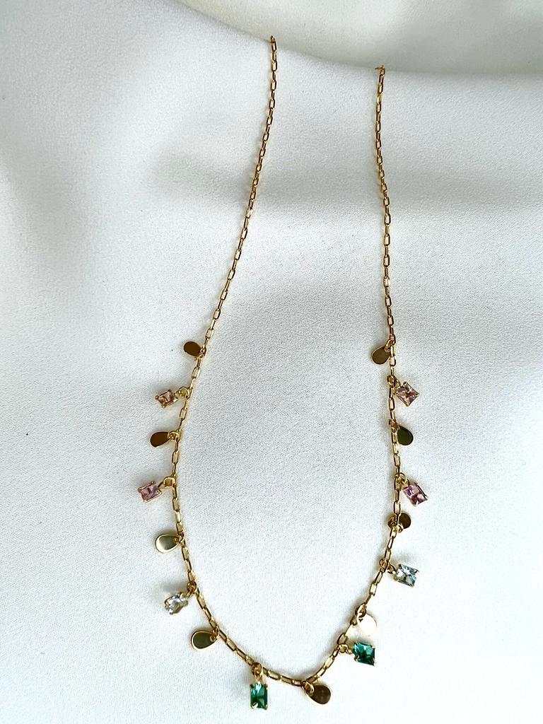 COLAR DE ELOS PEDRAS COLORS ROSE E AZUL | BANHO OURO 18K